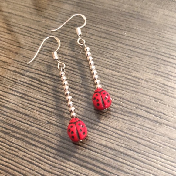 Sterling Silver Bead Earrings with Ladybug - Picture 13 of 14